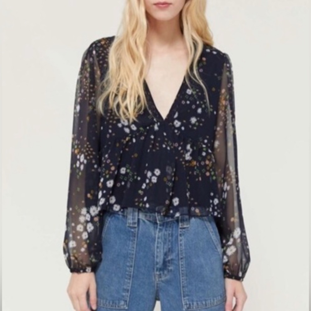Urban Outfitters Navy Floral Daisy V-Neck Sheer Long Sleeve Babydoll Top S